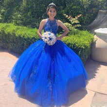 Королевский синий круглый вырез открытая спина бальное платье Бальные платья без рукавов бисер кристаллы сладкий 16 для дебютантки на Выпускной платья