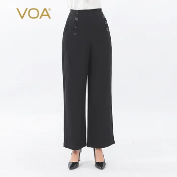 

VOA Real Silk 60mm Black Sky Natural Waist Double Breasted Decoration Flat Bag Able Glorious Wide-Leg Trousers K1272