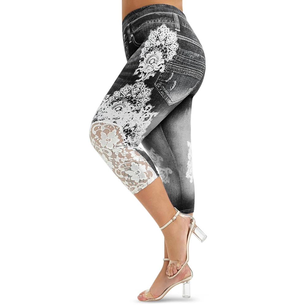 

Rosegal New Large Size Leggings Push Up 3D Lace Print Capri Elastic High Waist Women Summer Skinny Fitness Legging Pant Trouser