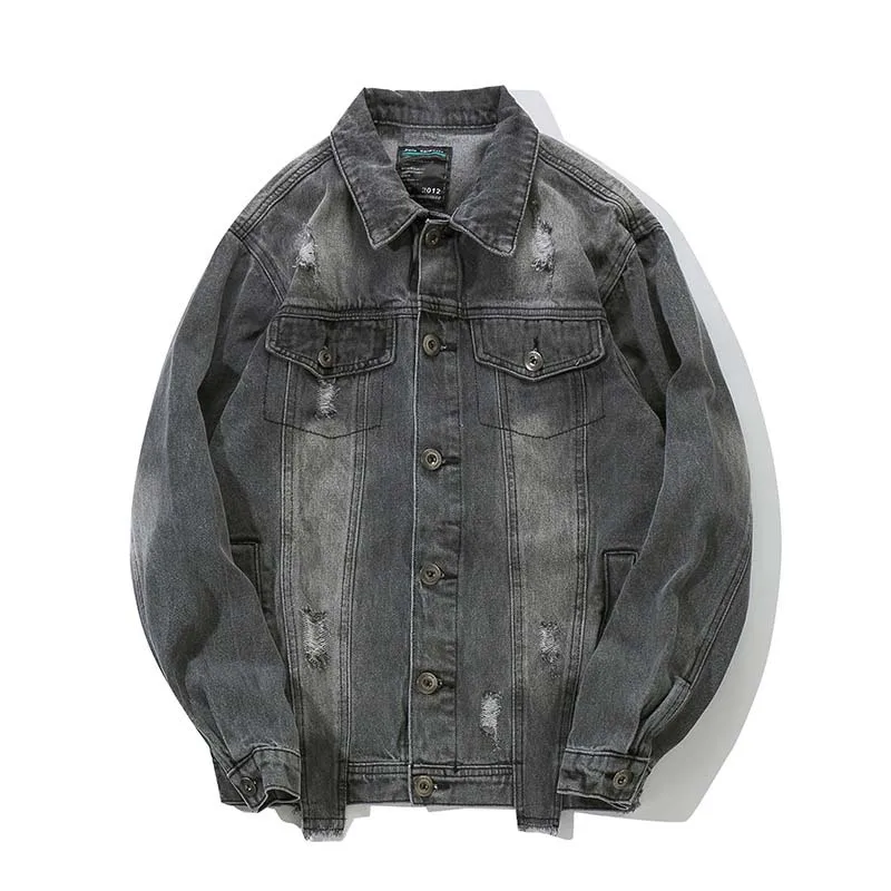 Mcikkny Men Hip Hop Ripped Denim Jackets Washed Letter Printed Jeans Jacket For Male Streetwear