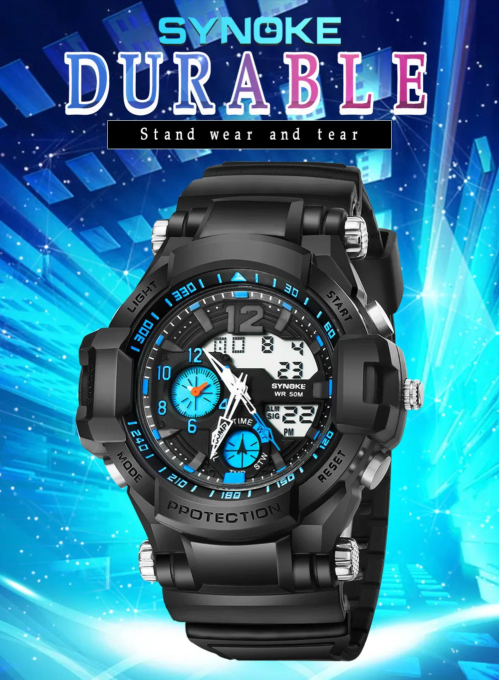 

SYNOKE Men's Multi-Function 50M Waterproof Watch LED Digital Double Action Watch With High-quality ABS Case