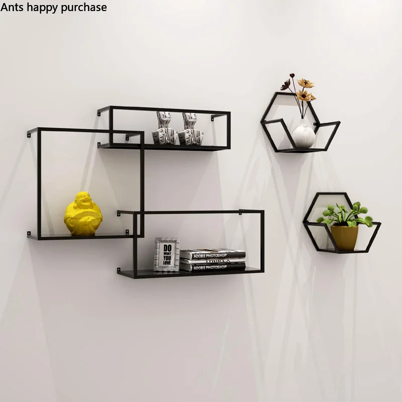 Iron Wall Storage Rack Decoration Shelf Hanger Bookshelf Potted Plant Frame Wall Decoration Wall TV Wall Decoration Black Square