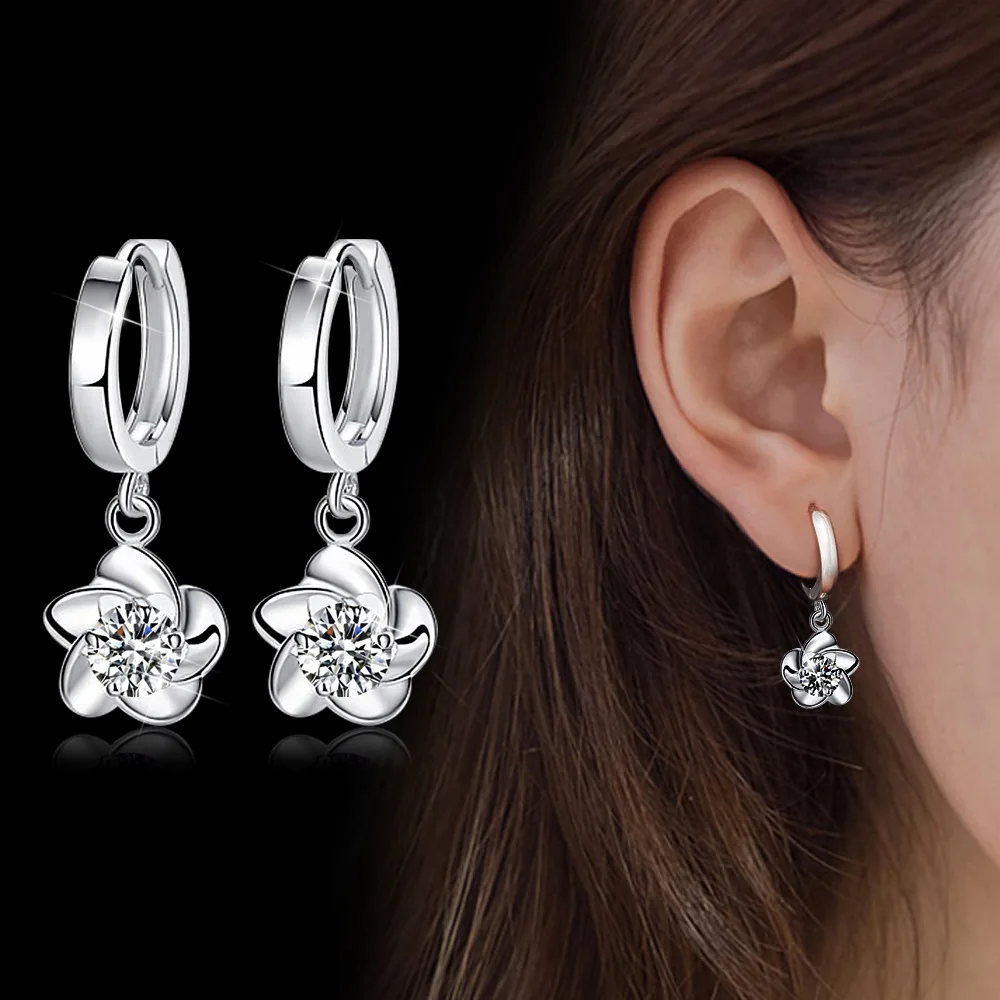 H31b532b4fd3c4e14bff5cdb136190ff8o - 100% 925 sterling silver shiny crystal plum flower Drop earrings female jewelry women gift wholesale drop shipping