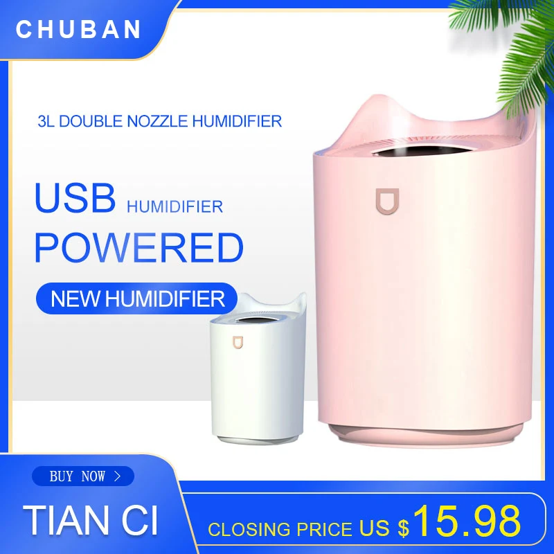 

CHUBAN 3000ML Large capacity Double Nozzle Humidifier USB Colorful Lights Mute Aroma Diffuser Bedroom Office Air Humidify