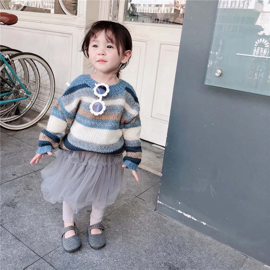 Honey Angle/осенне-зимний свитер для девочек вязаный свитер в полоску с длинными рукавами для малышей, блузки детская одежда синего и розового цвета