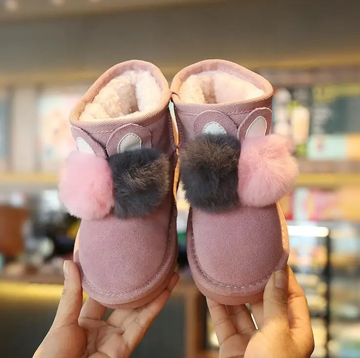 Children Winter boot Fur Warm Snow Boots Girls Cute Rabbit Hair Ball Shoes Princess Thick Plus Velvet Warm Big Children Boots