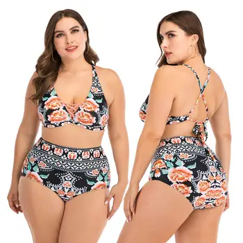 

Sexy Swimwear women large size Bikini backless high waist Floral Print bikini set Two Pieces swimsuit padded halter tankinis
