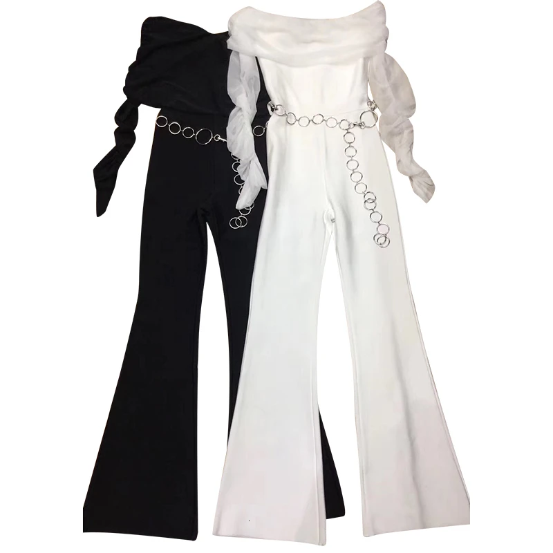 CHICEVER Ruched Mesh Женские Комбинезоны с открытыми плечами с длинным рукавом Туника с высокой талией сексуальный комбинезон с широкими штанинами Женская мода Новинка