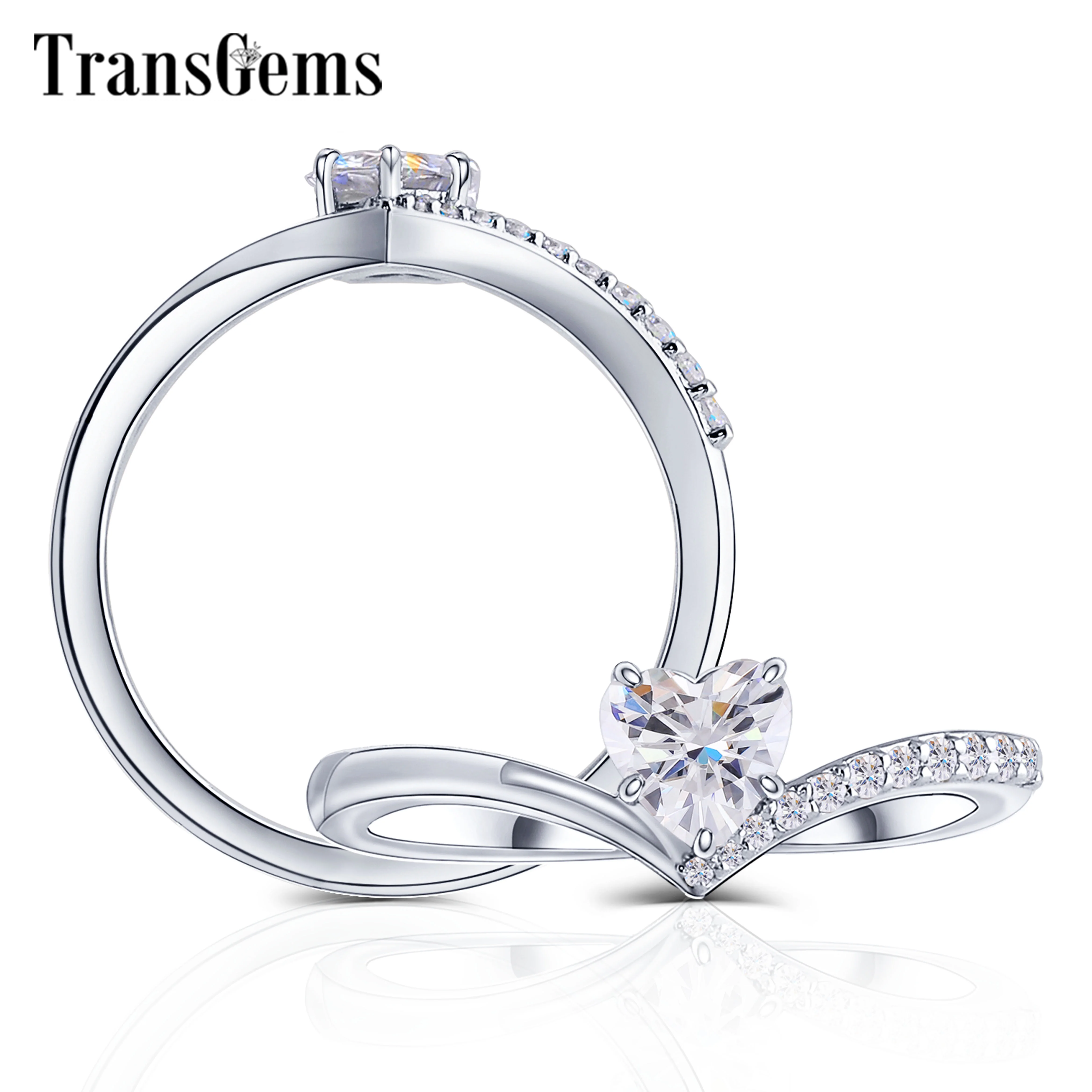 

Transgems 14K 585 White Gold 5mm Romantic Heart Shape Moissanite Engagement Ring Wedding Band with Accents