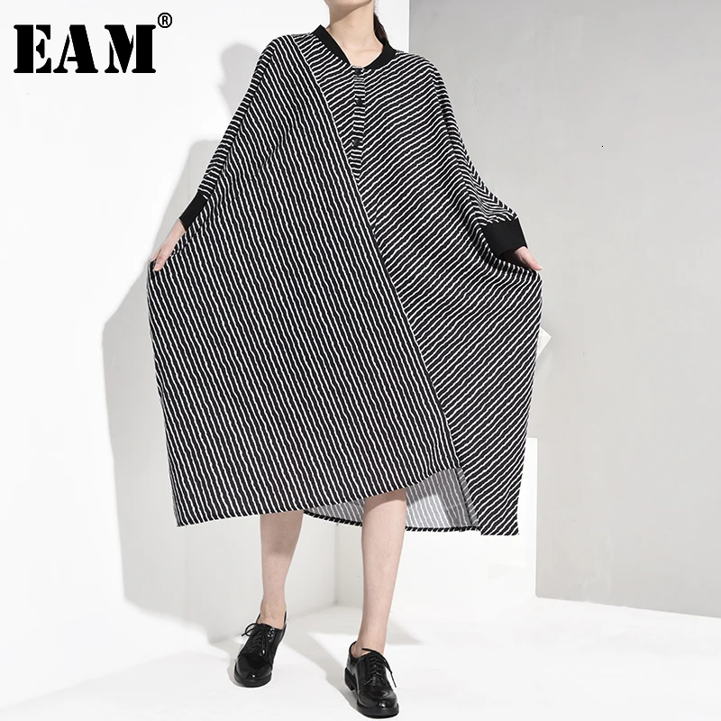 

[EAM] Women Black Striped Big Size Long Shirt Dress New Stand Collar Long Sleeve Loose Fit Fashion Spring Autumn 2019 JR2830