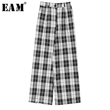 

[EAM] High Elastic Waist Black Plaid Long Wide Leg Trousers New Loose Fit Pants Women Fashion Tide Spring Autumn 2020 1T245