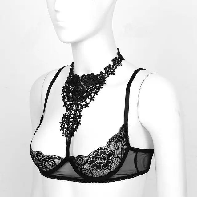 Sexy Womens Open Cup Bra Tops Lingerie 1/4 Copos Underwire Bra Halter Neck  O Ring Sheer Lace Push Up Lingerie Brassiere Underwear - AliExpress