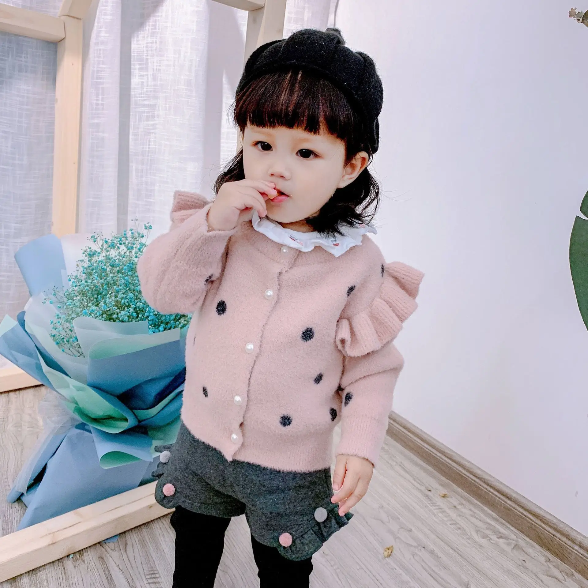 Sue Dill Small Balls Autumn New Style 0-Year Old Baby Girl Small CHILDREN'S Korean-style Pleated Shoulder Knitted Sweater C