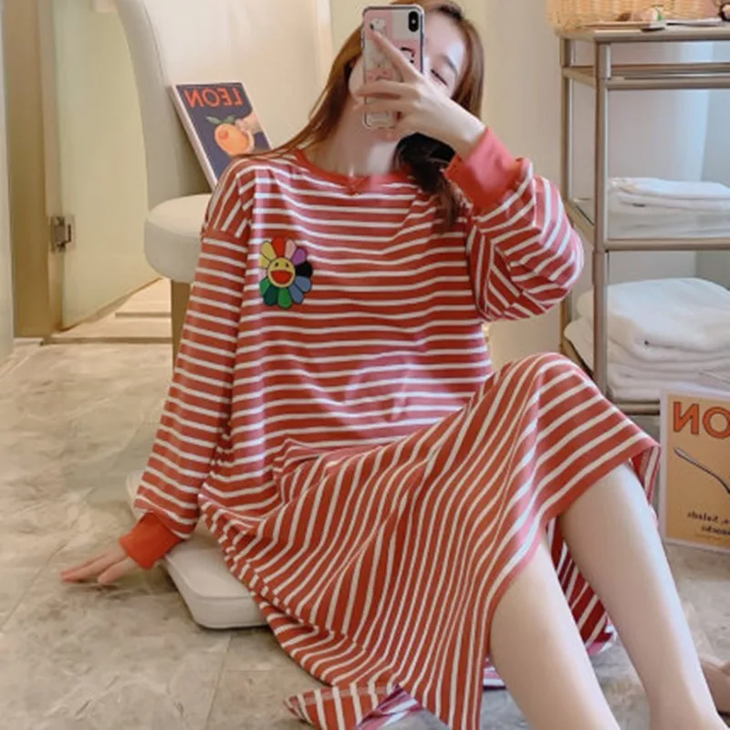 

Pure cotton nightdress women's spring and autumn colorful long sleeve fresh autumn and winter long lovely cartoon loose