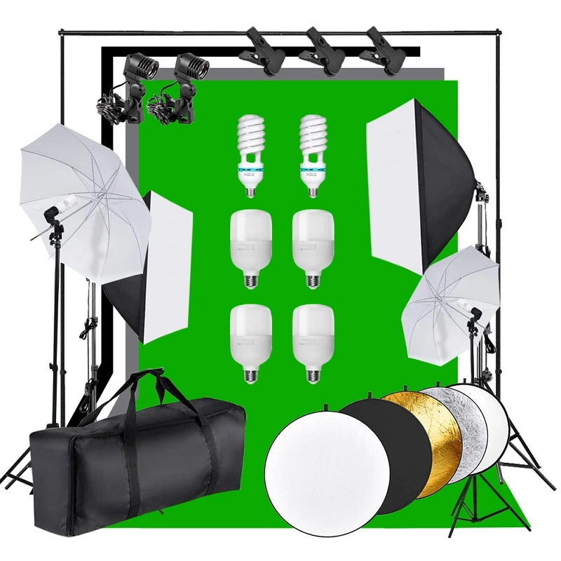 

Photo Studio LED Softbox Umbrella Lighting Kit 50*70cm Softbox Light Stand Background Stand 1.6*3m Backdrop 5in1 60cm Reflector