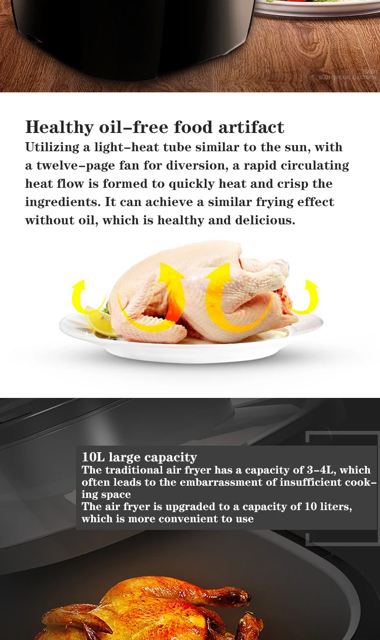 Description Picture 5 of item10L Large Capacity Oil-Free Air Fryer Electric Fryer Oven 360°Bake Led Touch Screen Smart Multifunctional Electric Fryer