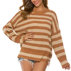 Пуловер с дырками, женский свитер на зиму и осень, джемпер с круглым вырезом и длинными рукавами, топы, свободные полосатые трикотажные