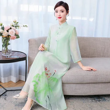 

2020 Spring Summer Chinese Traditional Dress for Women Ethnic Style Green Lotus Flower Printed Silk Long Qipao Cheongsam Dress