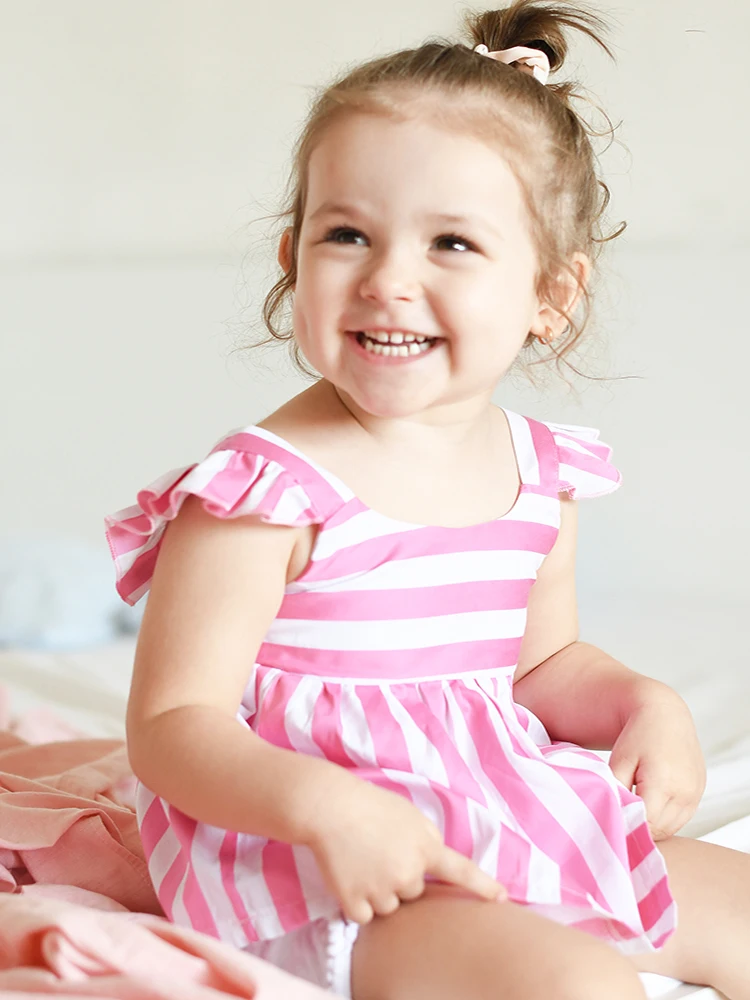 2022 Dress 2-8 Years Old Frozen Summer Girls Printed Cotton Stripe Dresses -sleeved Young Children Baby For Clothes | Детская одежда и