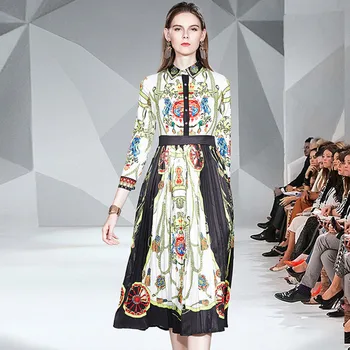 

2020 Fall Spring Pleated Runway Designer Printed Dress Women Long Sleeve Slim Fit Vintage Print High Waist Casual Dress Vestidos