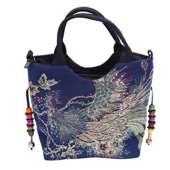 

Shiny Sequins Peacock Embroidered Women Canvas Totes Bag, Summer Shopping Shoulder Bag Vintage Beaded String Handbag Dark Blue