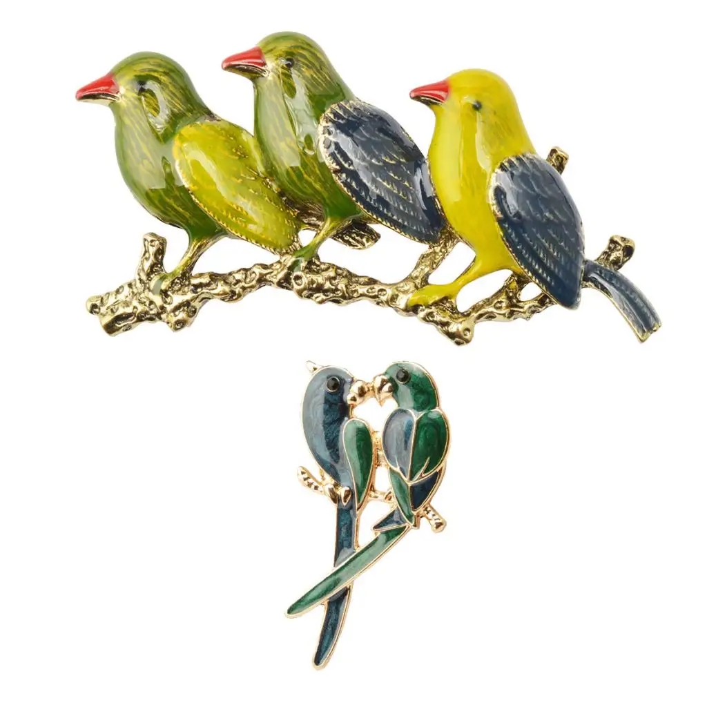 2pcs Vintage Green Enamel Bird Brooch Pin Gold Tone Costume Jewelry Gift