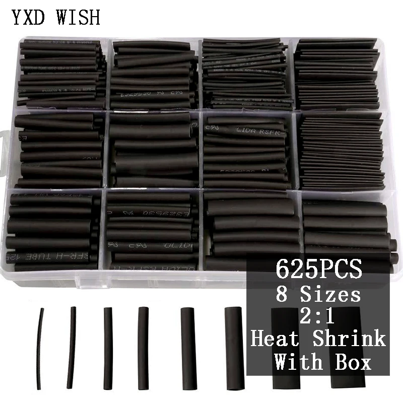 625Pcs Heat Shrink Tubing Kit Wire Wrap Ratio 21 Electrical Cable Sleeve Assortment with