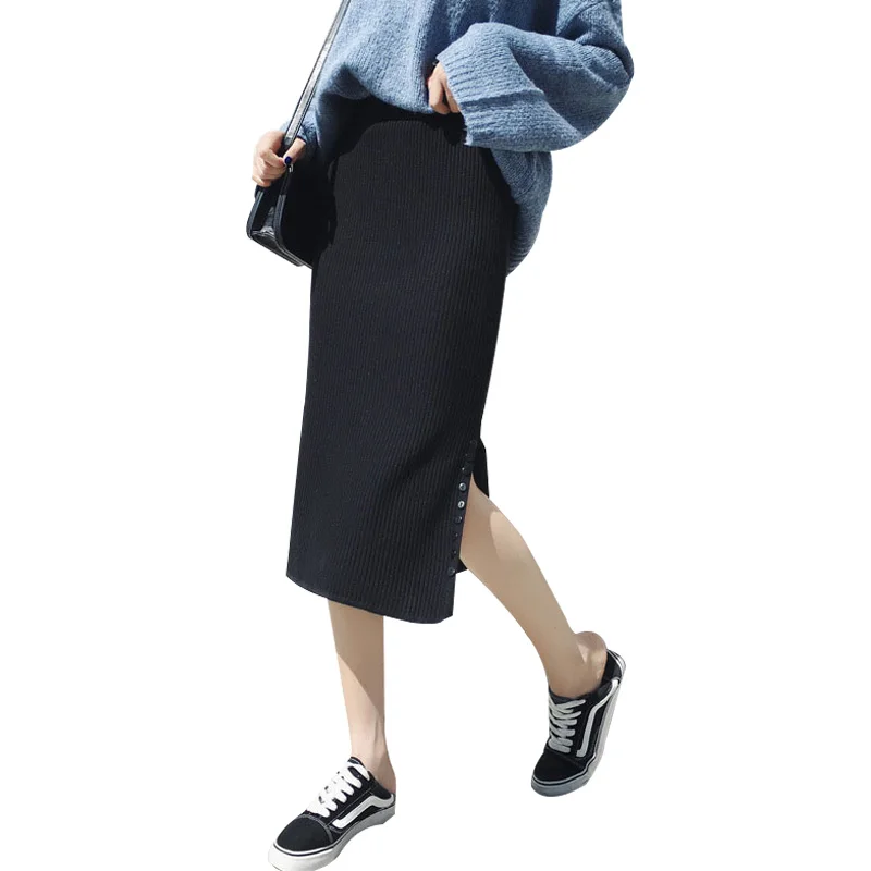 

NORMOV New Autumn Winter Knitting Skirt Woman Solid Color Korean Edition Elastic Button Slim Long Skirt Side Split A-Line Skirt