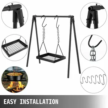 

Campfire Cooking Stand, Outdoor Cooking, Cabon Steel, Campfire Cooking EquipmentAdjustable Heightwith Hooks, Black
