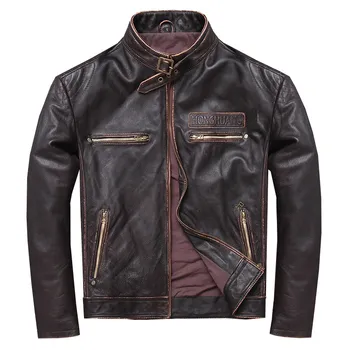 

2020 Vintage Brown Men Slim Fit Biker's Jacket Plus Size XXXL Genuine Thick Cowhide Motorcycle Leather Coat