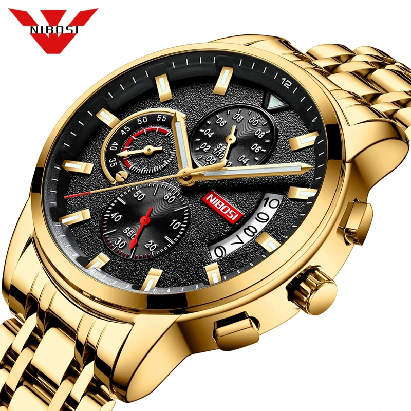 Hot Sale Products! NIBOSI New Brand Quartz Watch Men Sport Watches Men Steel Band Military Clock Waterproof Gold Wrist Mens Watch Relogio Masculino