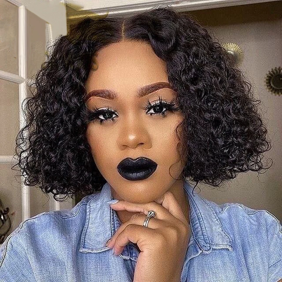 Short Bob Curly Lace Closure Human Hair Wigs 2x6 Wig Remy Pixie Cut Natural Water Wave Density180% Pre Plucked | Шиньоны и парики