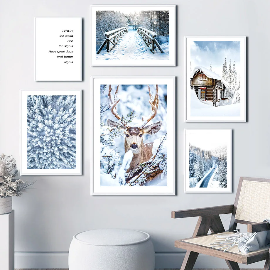 Winter Snow Pine Forest Deer Cabin Nature Wall Art Canvas Painting Nordic Posters And Prints Wall Pictures For Living Room Decor
