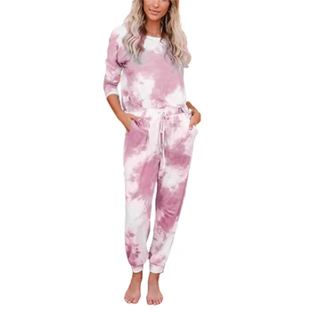 

Women 2-Piece Outfits Sets Tie Dyeing Pattern Round Neck Long Sleeve Top Long High Waist Drawing Straps Elastic Band Pants Set