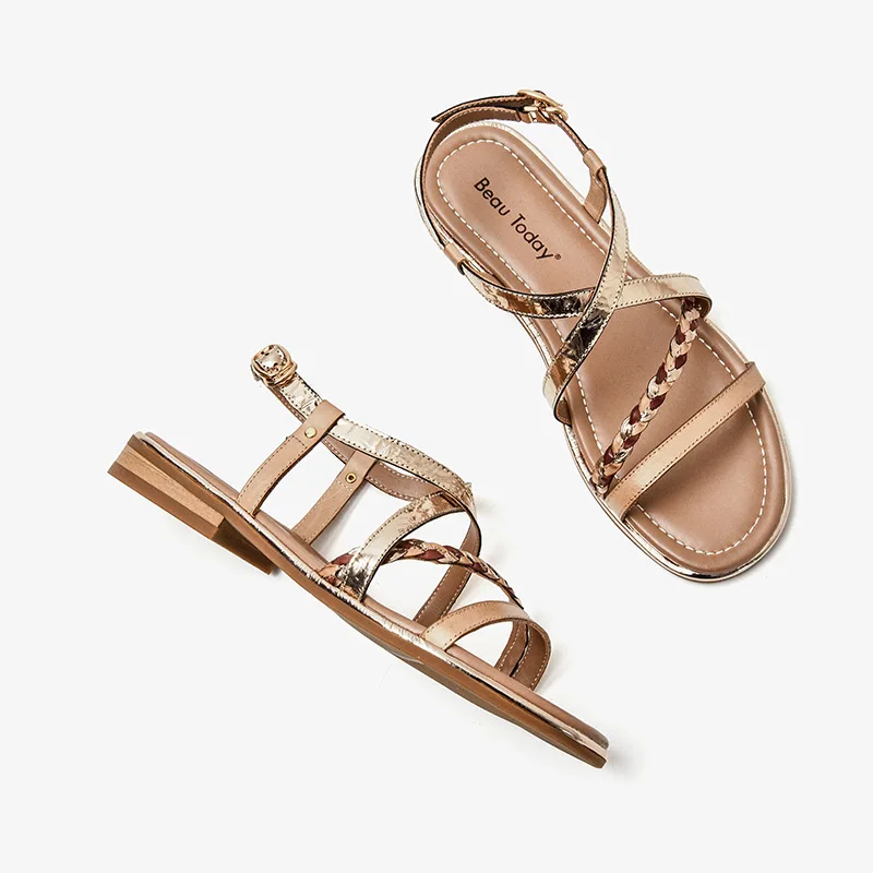 Gladiator Sandals Women Genuine Cow Leather Twist Band Designer Flats Slingback Summer Female Flat Heel Shoes women slingback sandals women flat shoes