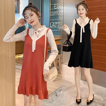 

New Sweet Bow O-Neck Maternity Breastfeeding Dress Patchwork Nrusing Dress Clothes for Pregnant Women Autumn Pregnancy Clothing