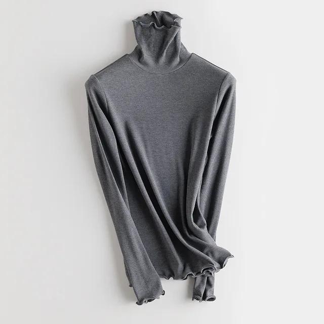 SuyaDream Women Bottoming T Shirt Real Silk Blend Long Sleeves Solid Basic Shirt 2021 Autumn Winter Turtleneck Top Gray Turtleneck