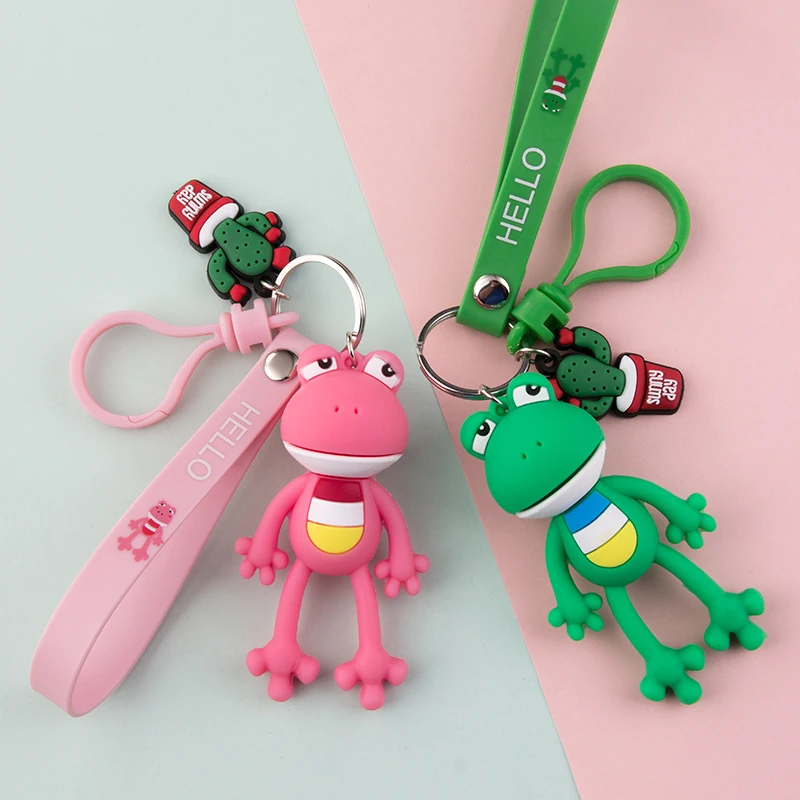 Soft PVC Cartoon Long Leg Frog Keychain Green Pink Pendant Cute Bag Car Keyring Jewelry Lanyard Men Women Couple Accessory Gift pvc cartoon kid doll keychain milk blue brother yellow sister pendant cute bag car keyring soft lanyard girl boy lover gift