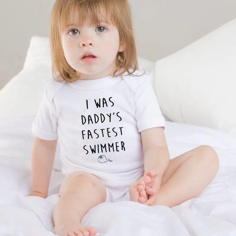 

I WAS DADDY'S FASTEST SWIMMER Baby Funny Clothes Summer White Cotton Baby Grows Infant Bodysuit Playsuit