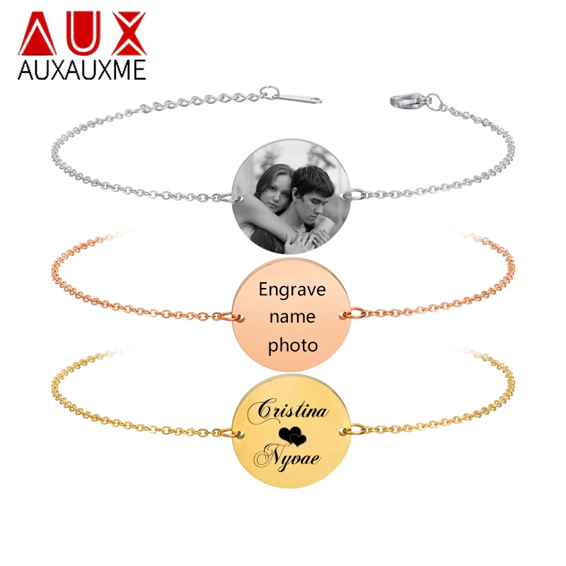 

Auxauxme Engrave Name Photo Date ID Bracelet For Couple Jewelry Stainless Steel Customized Link Chain Bracelets Girlfriend Gift
