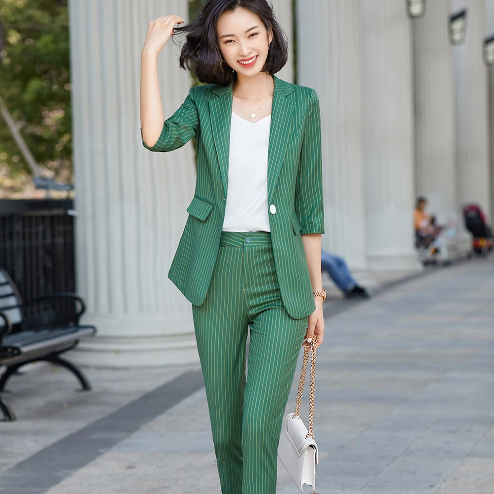 New Spring Female Elegant Women's Pants Suit Green Striped Blazer and Trouser Business Jacket Office