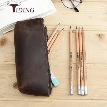 

tiding Top Quality Cow Leather Coin Wallet Pen Bag Men Glasses Bag Cosmetic Case Key Purse Handmade Simple Stationery Tool Bags