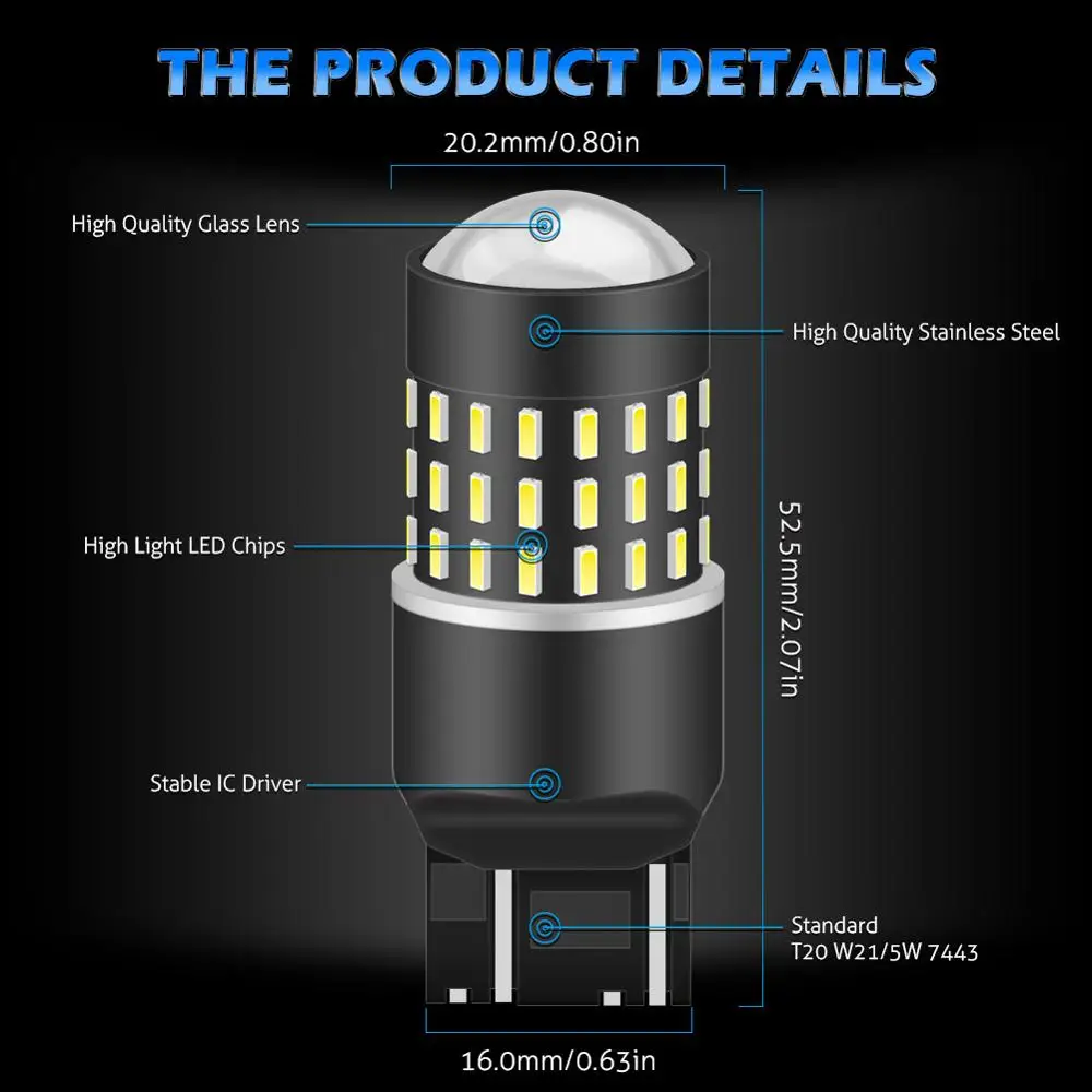 Katur 2x T20 7443 LED Car Light Bulbs Used For Brake Stop Tail Lamp Red Led  12v T20 Size W21/5W W3 x 16q Base For DRL Function