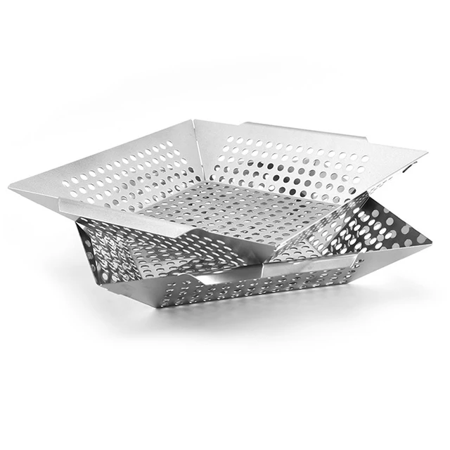 Rozsdamentes Acél Négyzet Alakú Zöldségrács Tálca Perforált Grilltálcával Kültéri Barbecue Szerszám - Image 4
