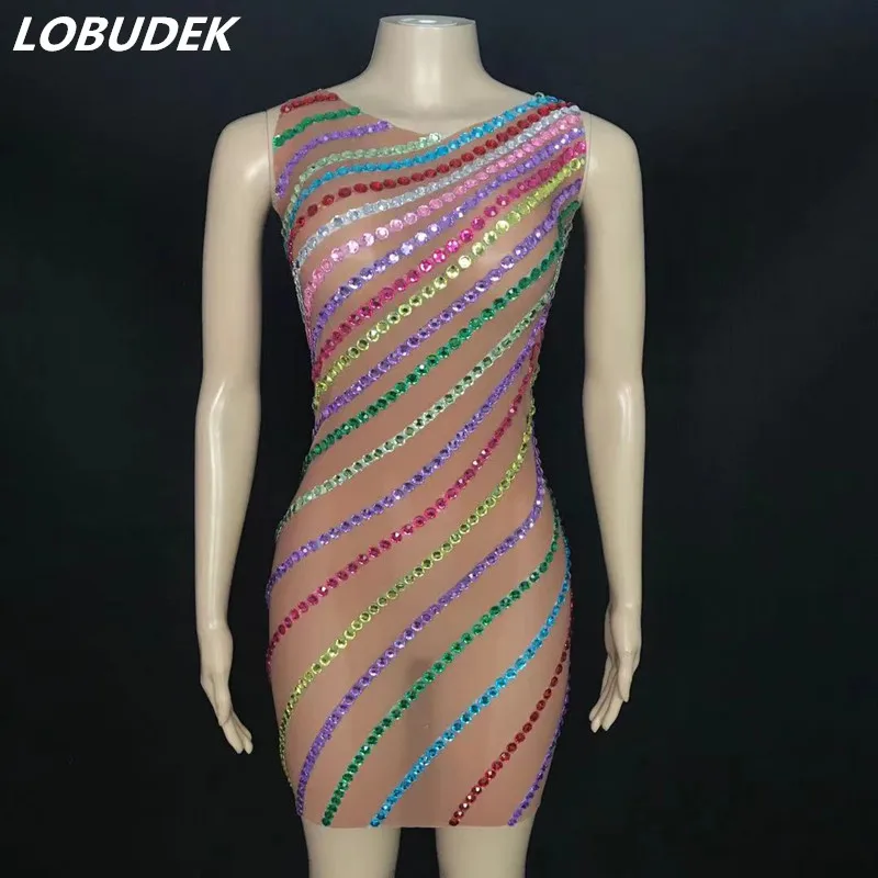 

Rainbow Rhinestones Sleeveless Short Dress Sexy Transparent Stage Wear Women Birthday Celebrate Crystals Outfit Singer Costume