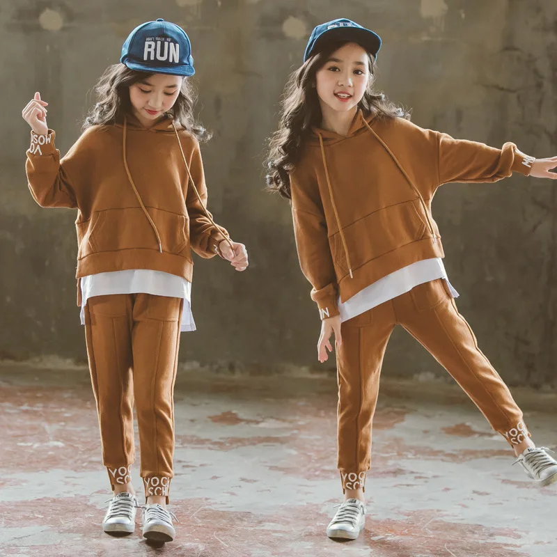 New Children Clothing Sets Teenage Girls Clothing Tops+Trouser Sets Baby Girl Sport Suits Hooded Kids Clothes Set - Цвет: coffee