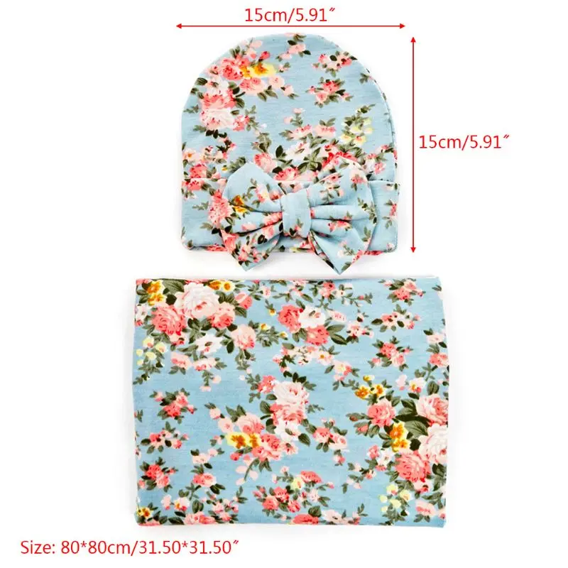 

2 Pcs/set Newborn Printing Wrapping Blanket Hat Baby Kids Bow-knot Cap Swaddle Wrap Set Infants Gifts 72XC