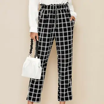 

Women's High Waist Plaid Pants Check Casual Trousers Ladies Loose Wide Leg Long Women Pants With Zipper Pantalones De Mujer