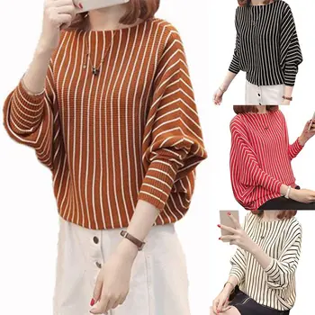 

M 2020 Autumn Winter Sweater Women Stripes Print Loose Long Bat Sleeved Round Collar Slim Knit Pullover Bottom Sweater jersey