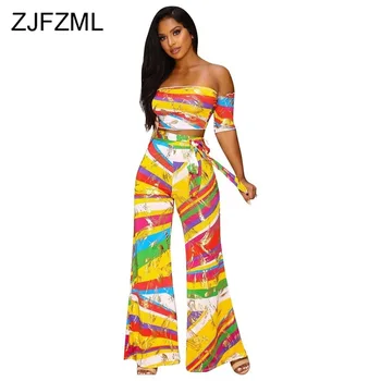 

Rainbow Striped Sexy 2 Piece Set Tracksuit Women Off Shoulder Backless Crop Top + Empire Lace Up Wide Leg Pants Summer Outfits